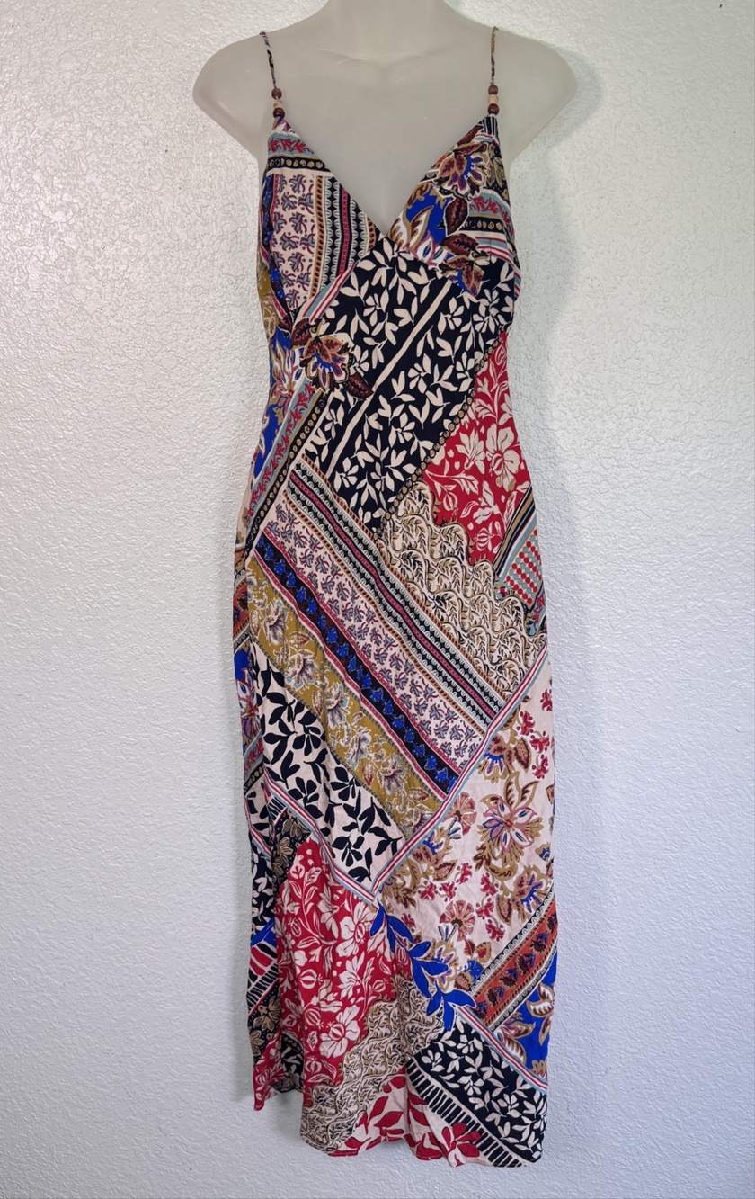 Zara Dress Womens Medium Patchwork Beaded Strap Slip Maxi Boho Sundress Resort
